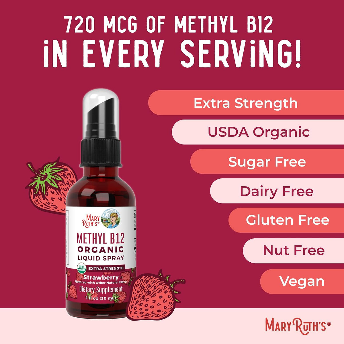 MaryRuth's Vitamin B12 Liquid Spray – USDA Organic, Methylcobalamin, 720 mcg - görsel 7