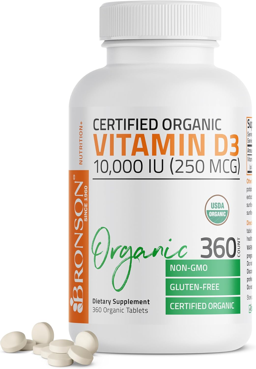 Bronson Vitamin D3 10,000 IU (250 mcg) Certified Organic High Potency Non-GMO Food Supplement, 360 Tablets - görsel 1