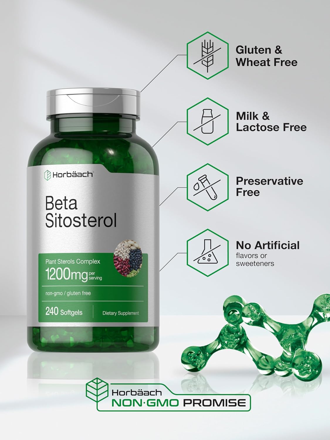 Horbäach Beta Sitosterol 1200 mg, 240 Soft gel capsule Capsules, Plant Sterols Complex, Non-GMO, Gluten-free Supplement - görsel 5