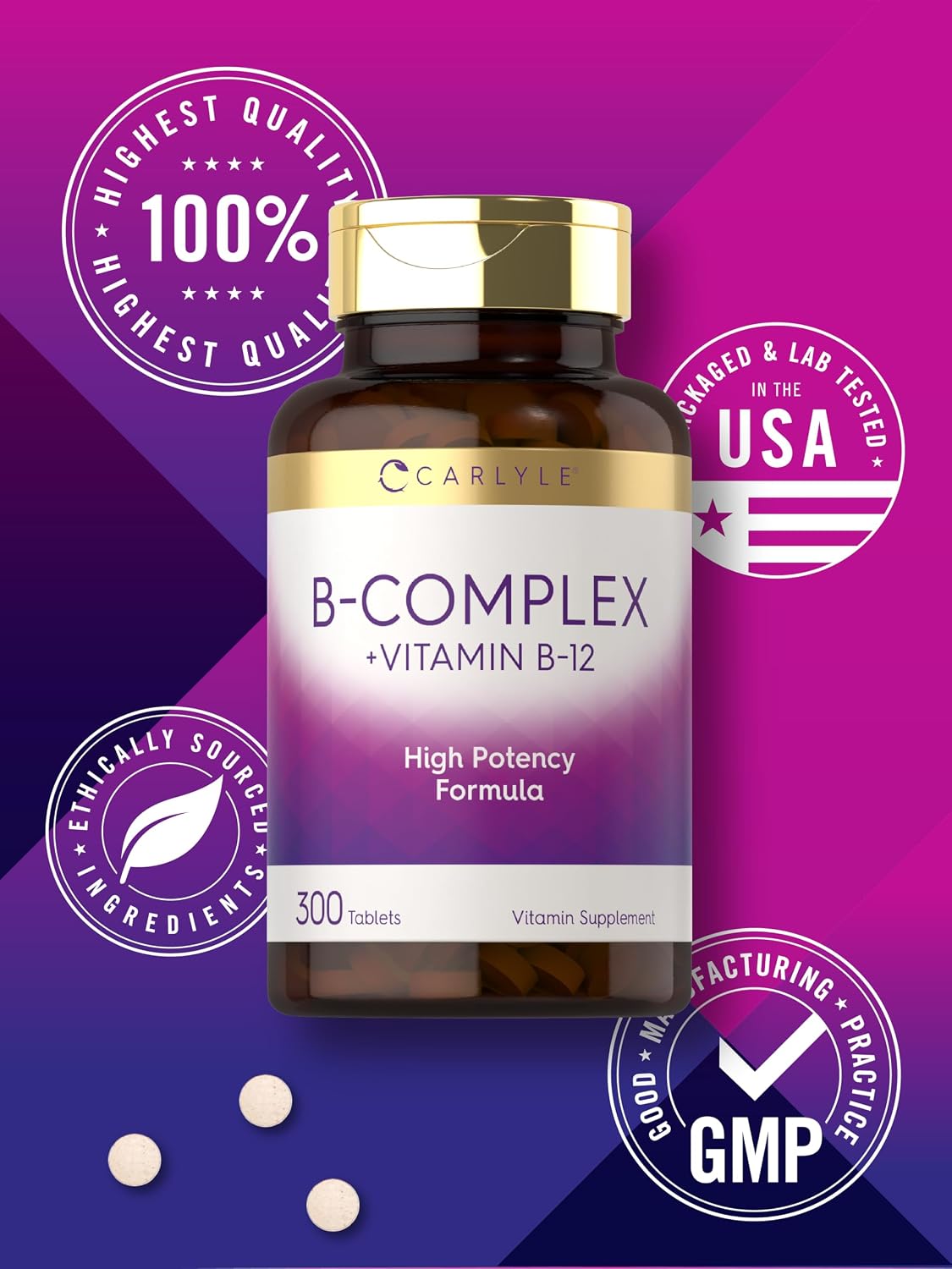 Carlyle B-Complex with B12 - High Potency, Vegetarian Formula, 300 Tablets - görsel 6