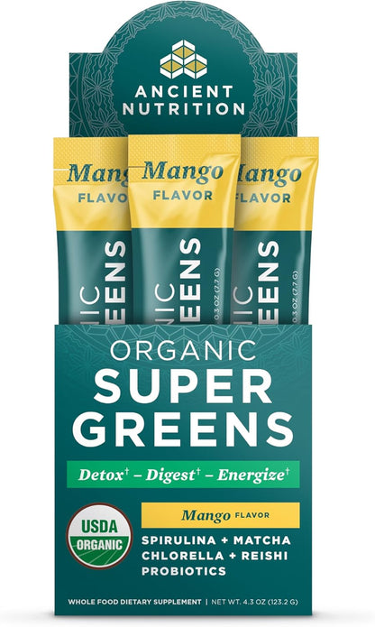 Ancient Nutrition SuperGreens Powder with Probiotics, Organic Mango Flavour, 16 Stick Packs
