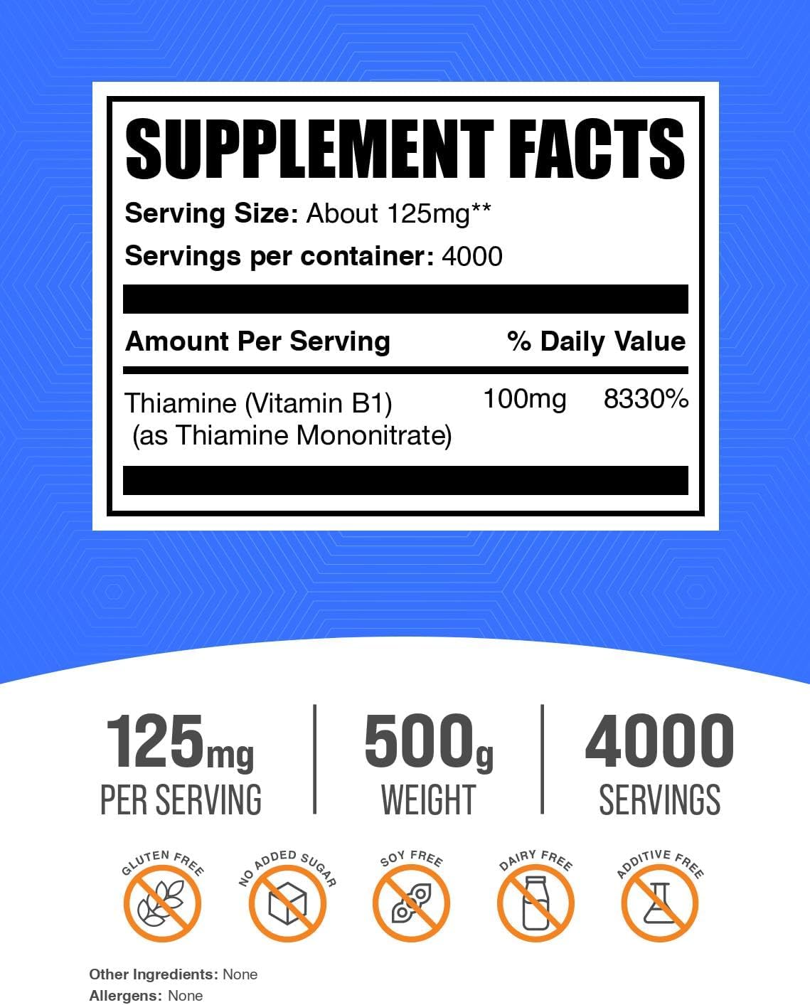 BulkSupplements Thiamine Mononitrate Powder – Vitamin B1 Food Supplement, 125 mg per Serving, 500 g - görsel 2