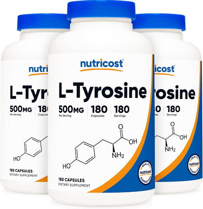 Nutricost L-Tyrosine 500mg, 180 Capsules (3 Bottles)