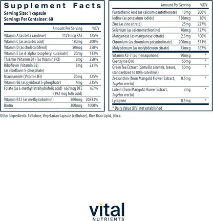 Vital Nutrients Once Daily Multivitamin – Vegan Multi for Women & Men – Allergen-Free – 19 Essential Vitamins + Antioxidants for Eye and Heart Health – 60 Capsules