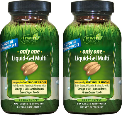 Irwin Naturals Only One Liquid Soft gel capsule Multi Without Iron – 60 Liquid Softgels – Daily Essential Nutrient Support (2 Pack)