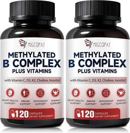 Migcopat 17-in-1 Methylated B Complex, 258,150 mcg Multivitamins, B12 Methylcobalamin, Methylfolate, Vitamin C, Vitamin D3 K2, CoQ10, Biotin, TMG, Methylated Multivitamin for Energy, Brain - 120 Capsules
