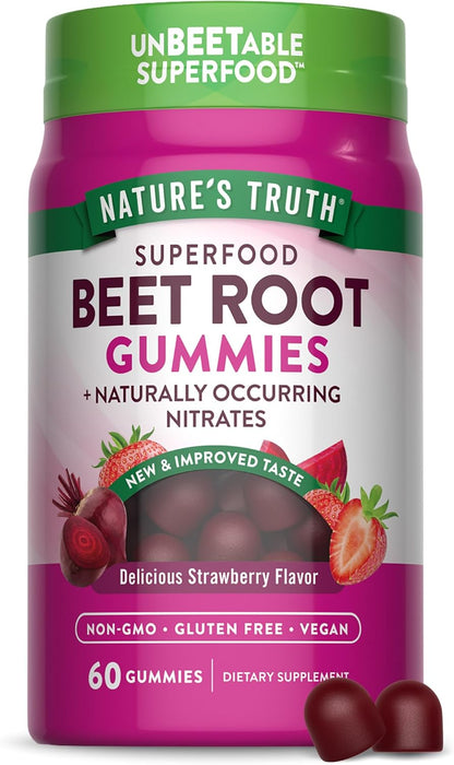 Nature's Truth Beetroot Gummies - Superfood with Black Pepper, Strawberry Flavour (60 Count)