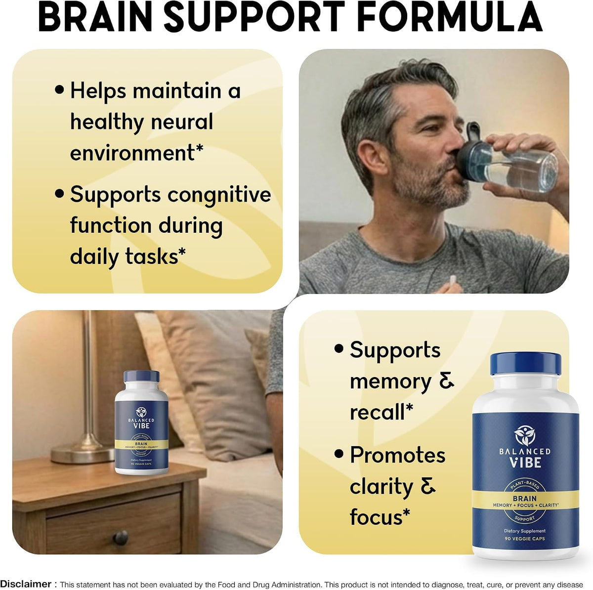 Balanced Vibe Brain Supplement 8 in 1 with Lion's Mane, Bacopa, Rhodiola, Ginkgo – Non-Stimulant, Organic, Vegan, GMP Certified, 90 Capsules - görsel 2