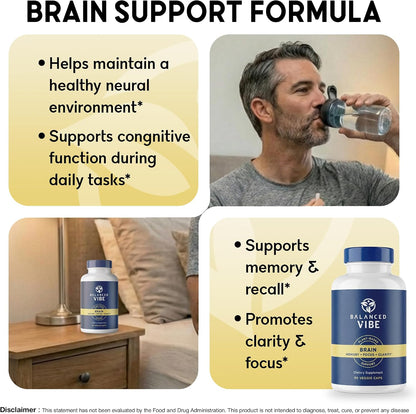 Balanced Vibe Brain Supplement 8 in 1 with Lion's Mane, Bacopa, Rhodiola, Ginkgo – Non-Stimulant, Organic, Vegan, GMP Certified, 90 Capsules