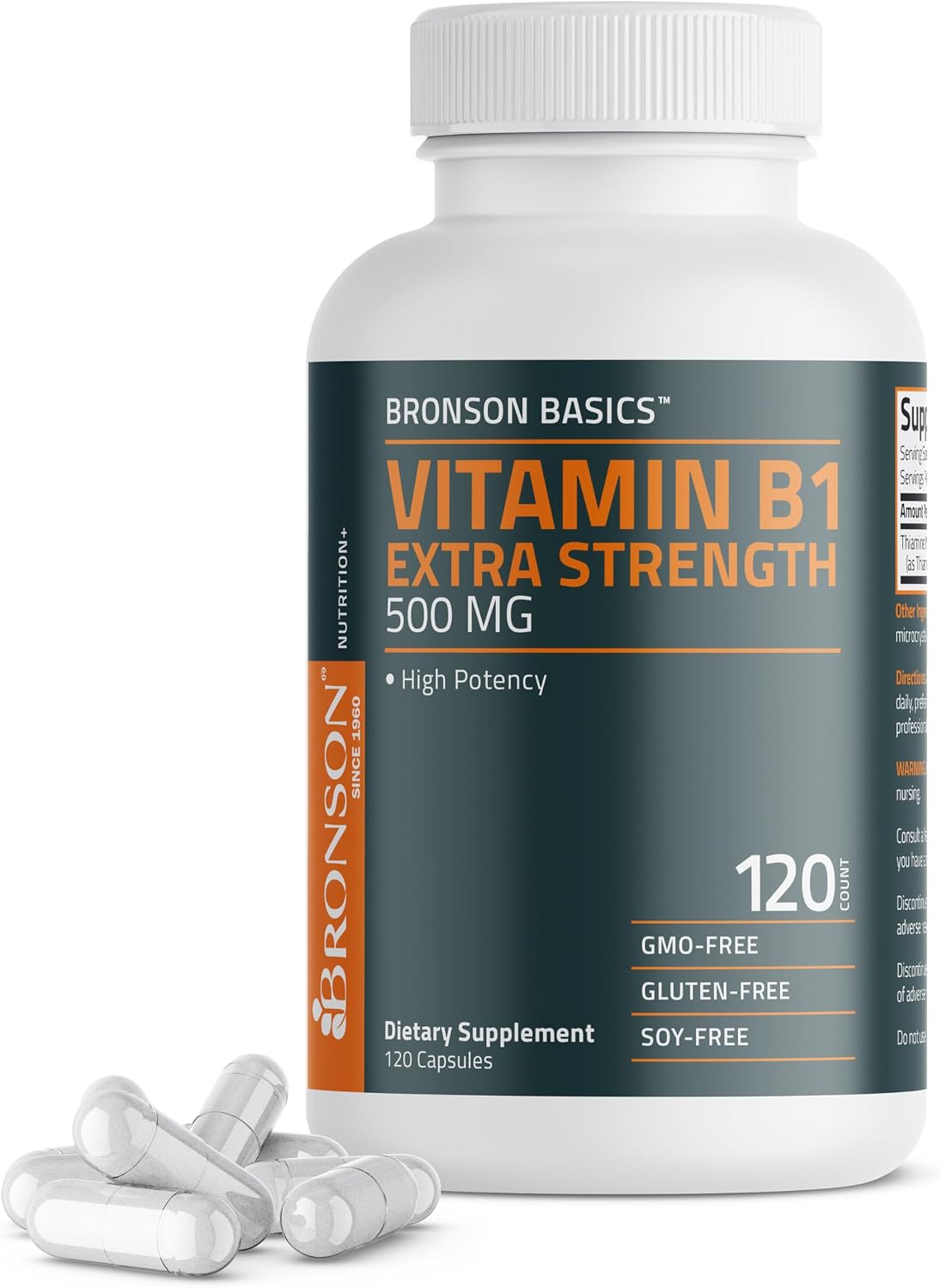 Bronson Vitamin B1 Extra Strength 500 mg High Potency Non-GMO, 60 Capsules - görsel 9