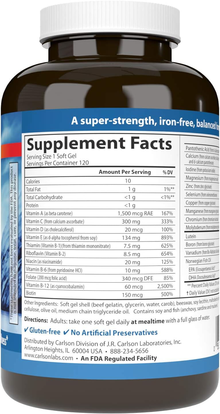 Carlson Multi + Omega-3, Fish Oil with Vitamins and Minerals, 120 Softgels - görsel 2