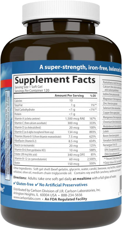 Carlson Multi + Omega-3, Fish Oil with Vitamins and Minerals, 120 Softgels