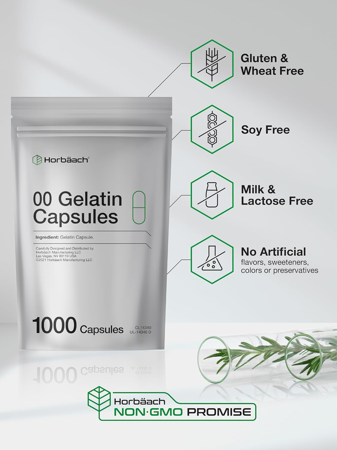 Empty Capsules Size 00 - 1000 Clear Gelatine Capsules - Resealable Bag - Non-GMO, Gluten-free - Horbaach - görsel 3