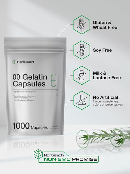 Empty Capsules Size 00 - 1000 Clear Gelatine Capsules - Resealable Bag - Non-GMO, Gluten-free - Horbaach