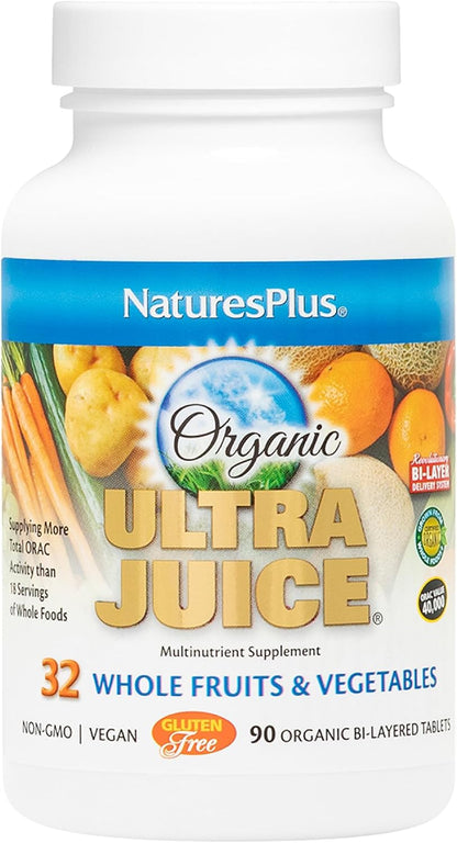 NaturesPlus Ultra Juice Multivitamin - 90 Bi-layered Tablets - Wholefood Supplement with Fruits, Vegetables & Probiotics - Organic