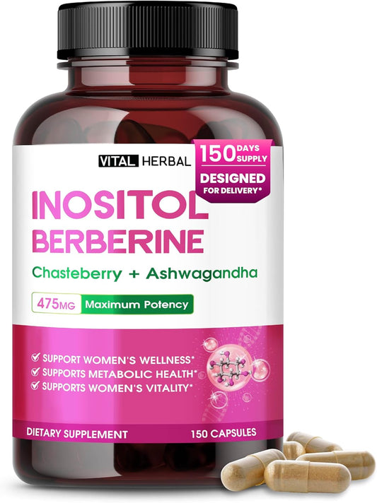 Vital Herbal Inositol Food Supplement with Berberine, Ashwagandha & Chasteberry - Women's Wellness & Metabolic Support - 150 Capsules