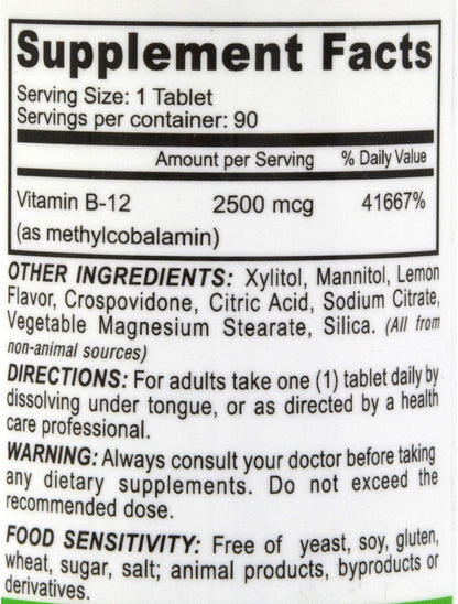 Deva Vegan Vitamins Sublingual B12-2500 mcg - 90 Tablets - Bioactive Methylcobalamin
