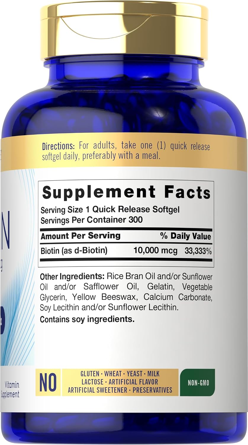 Carlyle Biotin 10000mcg, 300 Softgels - High Strength for Hair, Skin, and Nails - görsel 2