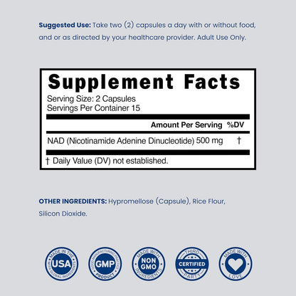 NAD+ Supplement (500 mg of 95% Pure NAD+ Per Serving) – 30 Vegan Capsules