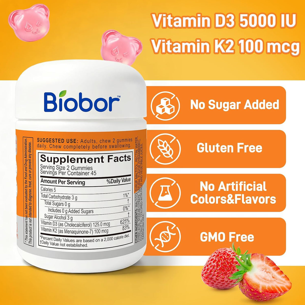Biobor Natural Vitamin D3 K2 Gummies - 5000 IU D3 + 100 mcg MK-7 (90 Count) - görsel 2