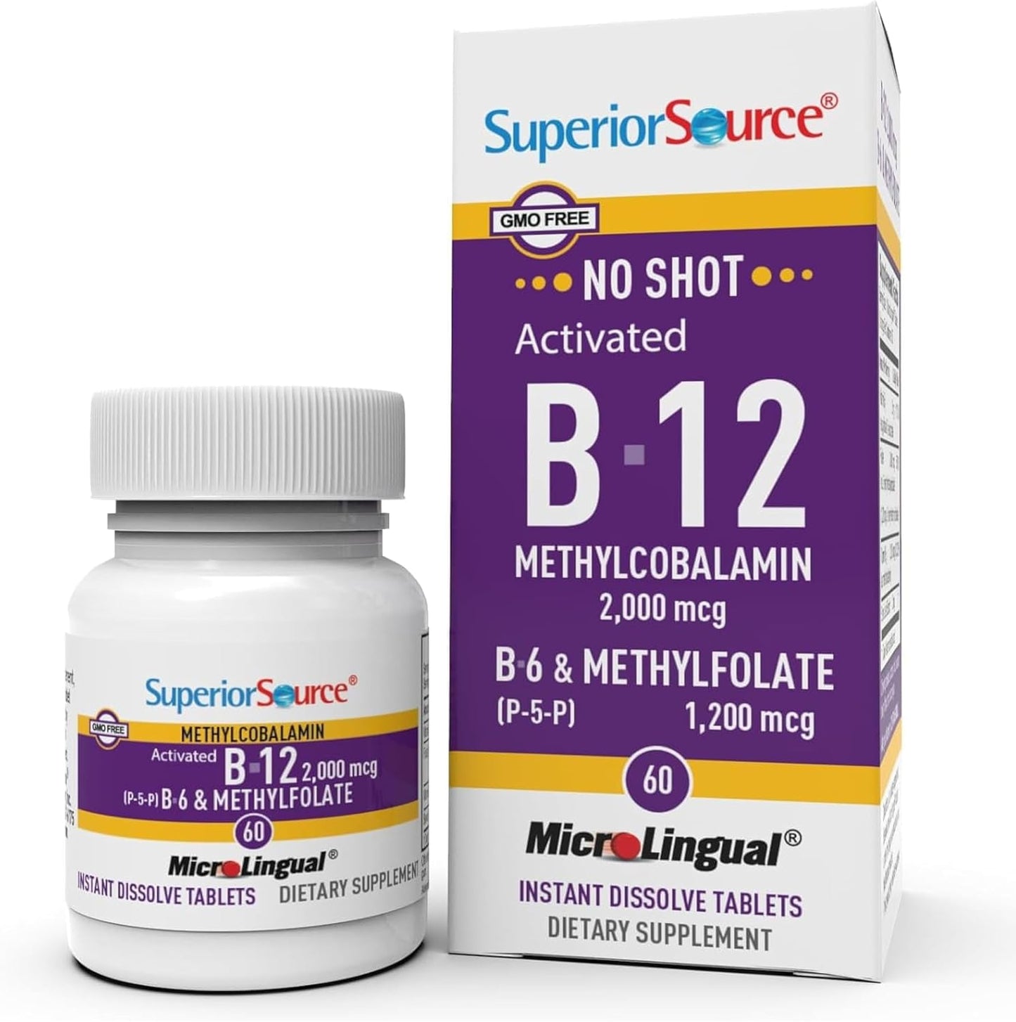 Superior Source No Shot Vitamin B12 Methylcobalamin 2000 mcg with B6 and Methylfolate - 60 Sublingual Tablets - görsel 1