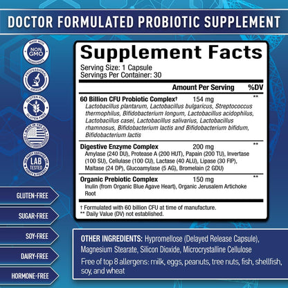 Purely Optimal Probiotics for Digestive Health, 60 Billion CFU – Delayed-Release with Digestive Enzymes & Organic Prebiotics, 30 Capsules