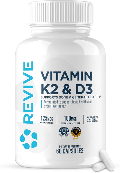 REVIVE MD Vitamin D3 & K2 Supplement for Men and Women, 5000 IU - Doctor Formulated K2 & D3 Vitamin Supplement Supports Bone Health & Muscle Strength - Immune & Cardiovascular Support (60 Servings)