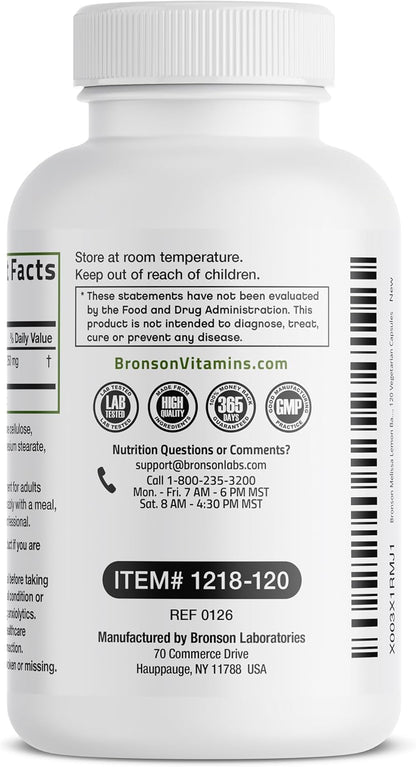 Bronson Melissa Lemon Balm Extra Strength, Non-GMO, 120 Vegetarian Capsules
