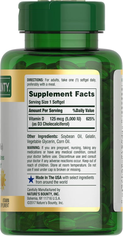 Nature's Bounty Vitamin D3 5000 IU Softgels, 240 Count