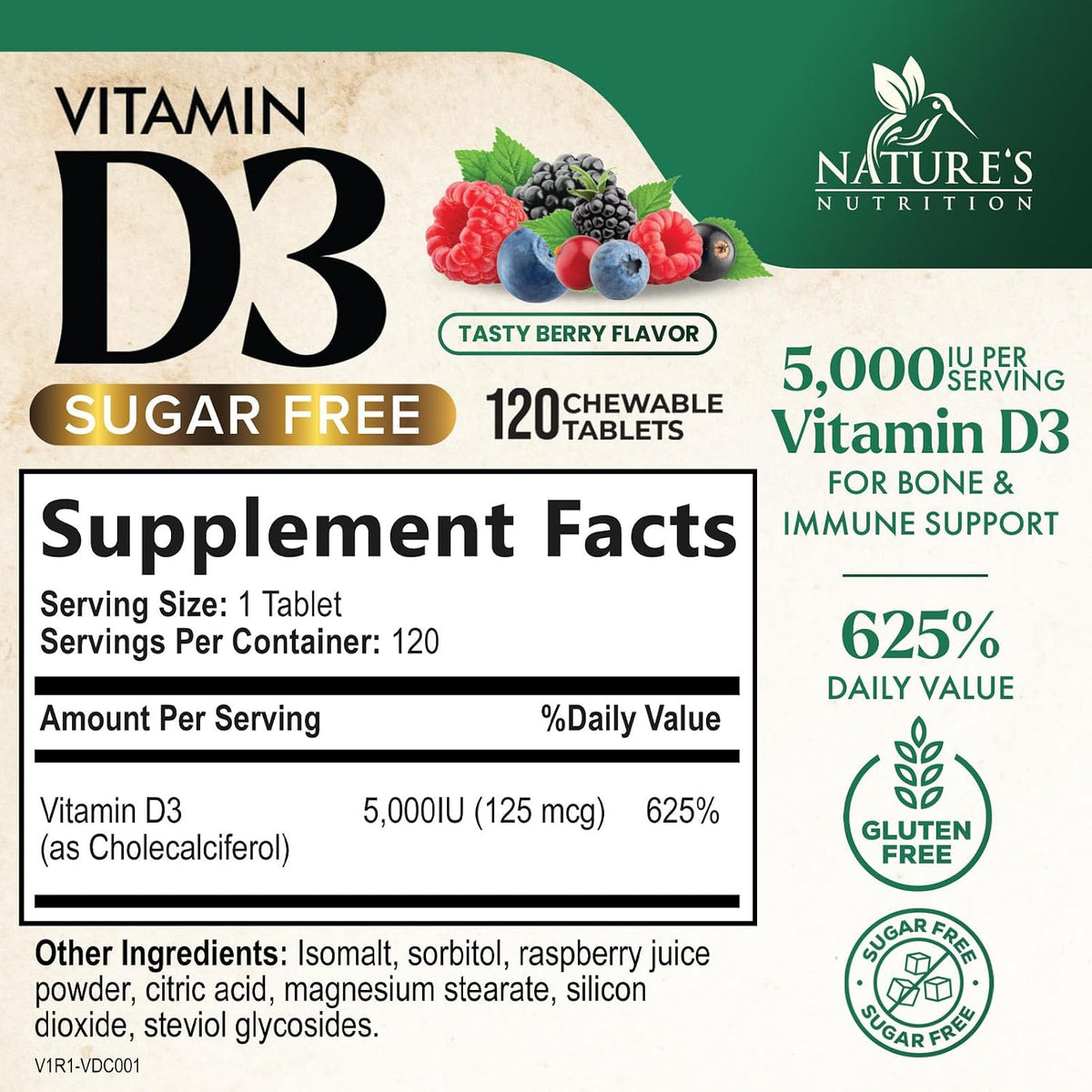 Nature's Nutrition Vitamin D3 5000 IU (125 mcg) Chewable Tablets – Extra Strength for Immune, Bone & Muscle Support – Sugar-Free, Gluten-free – 120 Count - görsel 2