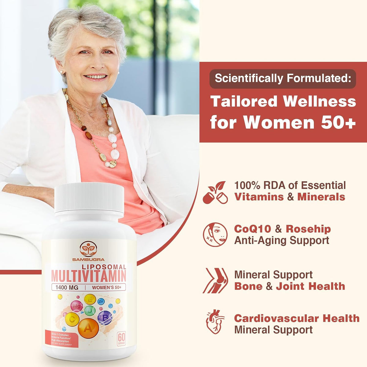 Sambugra Liposomal Multivitamin for Women 50+ - Women Daily Multivitamin with 32 Ingredients, CoQ10, Vitamins C, B, D, E for Cardiovascular & Bone Health Support - Iron-Free (60 Capsules) - görsel 2