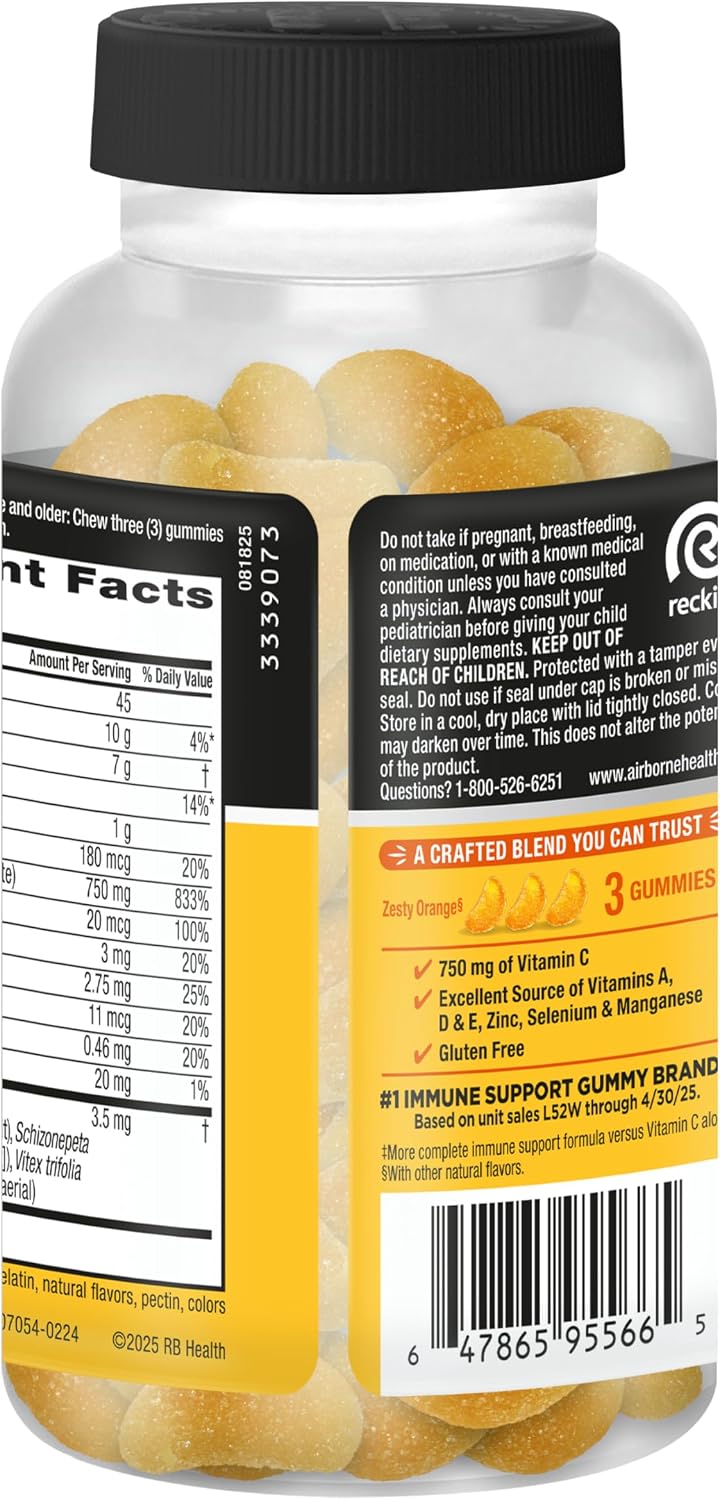 Airborne Immune Support Gummies, Zesty Orange Flavour, 42 ct - 750 mg Vitamin C + Vitamins A, D & E + Zinc, Selenium, and Manganese | with Herbal Blend | Naturally Flavoured - görsel 8