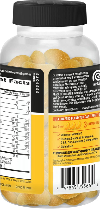 Airborne Immune Support Gummies, Zesty Orange Flavour, 42 ct - 750 mg Vitamin C + Vitamins A, D & E + Zinc, Selenium, and Manganese | with Herbal Blend | Naturally Flavoured