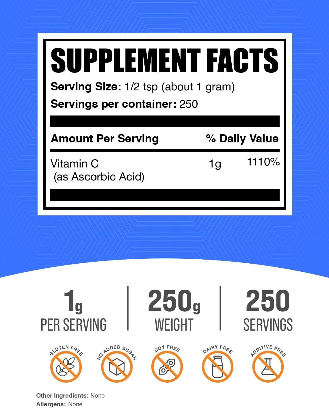 BulkSupplements.com Ascorbic Acid Powder - Vitamin C Supplement, for Immune Support - Gluten-free, 1g per Serving, 250g - görsel 2