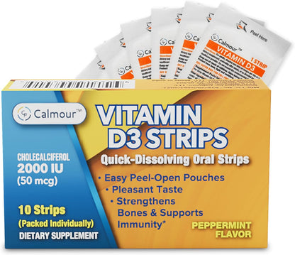 Calmour Vitamin D3 Strips 100 Pack | 2000 IU Oral Dissolvable Strips | Peppermint Flavour