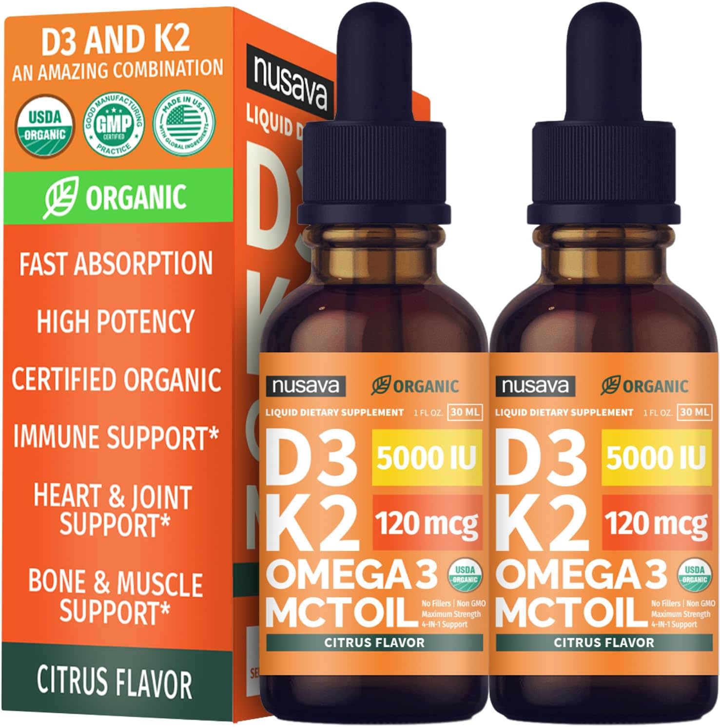 (2 Pack) Organic Vitamin D3 K2 Drops with MCT Oil & Omega-3 – Liquid Vitamin D3 5000 IU – K2 D3 Vitamin Supplement – Vitamin D Drops for Women & Men – No Fillers, Non-GMO, GMP, Citrus Flavour (60 ml) - görsel 1