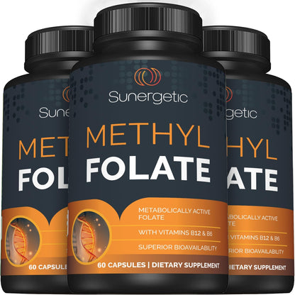 Sunergetic Premium Methyl Folate Supplement – with Methylated Vitamin B12 and Vitamin B6 – Metabolically Active Folate as Magnafolate – 400 mcg per Capsule – 60 Capsules