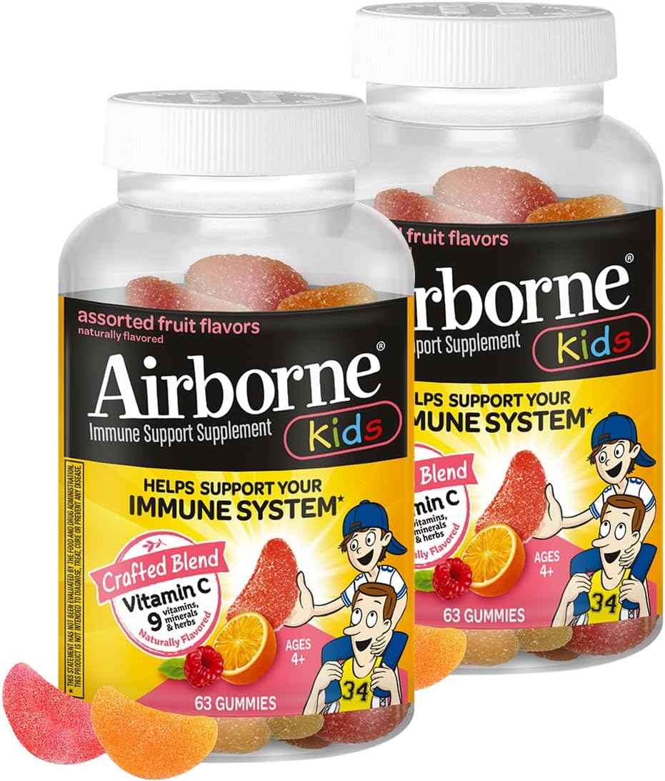 Airborne 500mg Vitamin C + Zinc Immune Support Supplement Gummies for Children, Assorted Fruit Flavour, Gluten-free Crafted Blend with Powerful Antioxidants Vitamins C & E, 63 Gummies (2 Pack) - görsel 1