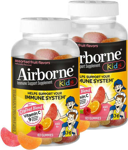 Airborne 500mg Vitamin C + Zinc Immune Support Supplement Gummies for Children, Assorted Fruit Flavour, Gluten-free Crafted Blend with Powerful Antioxidants Vitamins C & E, 63 Gummies (2 Pack)