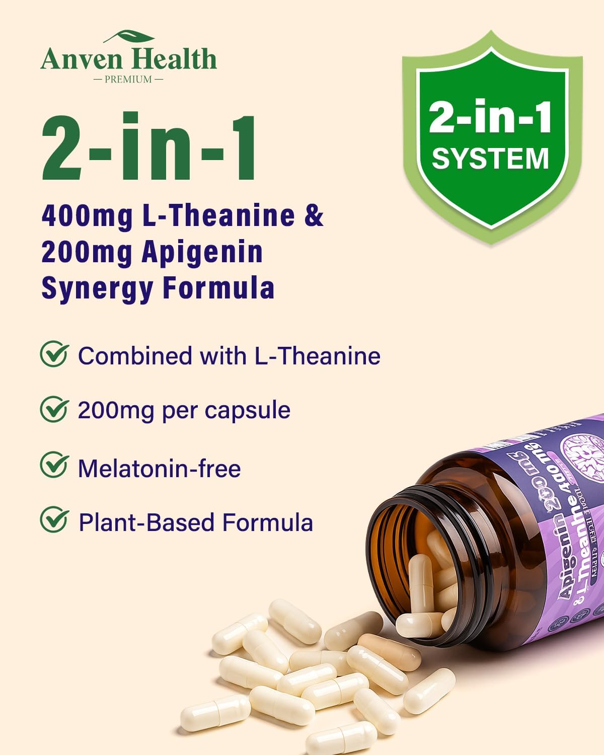 Anven Health L-Theanine 400mg with Apigenin 200mg – Natural Relaxation & Sleep Support – 180 Veggie Capsules - görsel 4