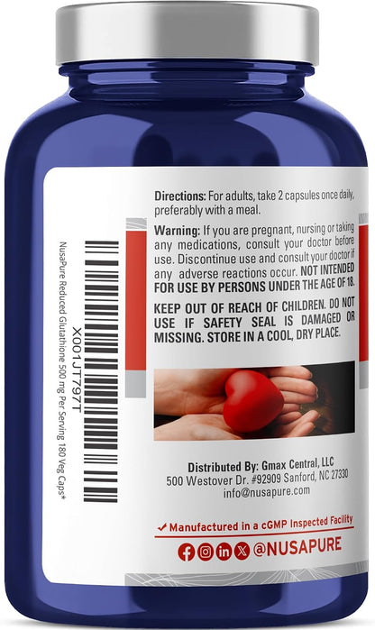 Reduced Glutathione 500mg 180 Vegetable Capsules (Vegan, Non-GMO)