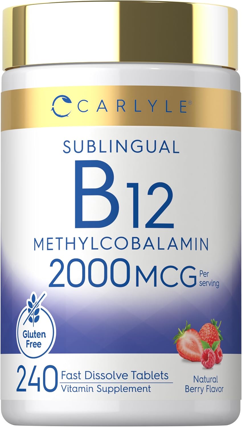 Carlyle B12 Vitamin 2000 mcg - Sublingual Methylcobalamin Fast Dissolve Tablets, Berry Flavour, 240 Count - görsel 1