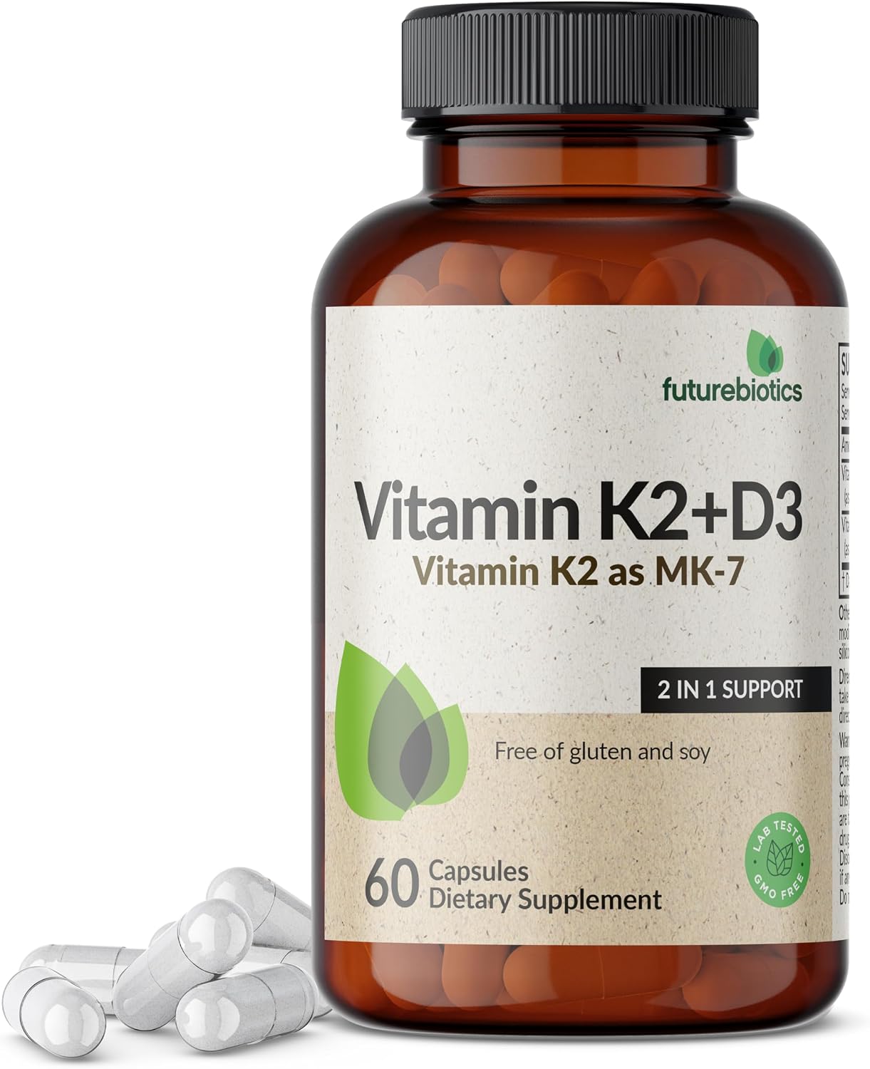Futurebiotics Vitamin K2 (MK-7) with D3 - 5000 IU Vitamin D3 & 90 mcg Vitamin K2 MK-7 - Non-GMO Formula - 60 Vegetarian Capsules - görsel 1