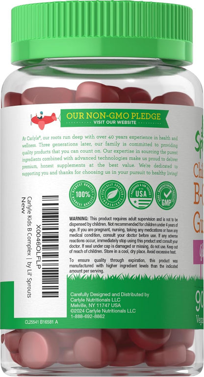 Carlyle Kids B Complex Gummies | 90 Count | with Vitamin B1, B2, B6, B12, and Ashwagandha Extract | Peach Raspberry Flavour | Vegan, Non-GMO & Gluten-free Supplement | Lil' Sprouts