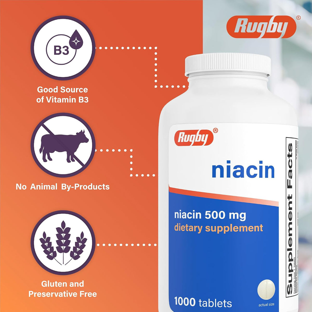 Rugby Niacin 500 mg – Vitamin B3 Supplement, 1000 Tablets - görsel 5