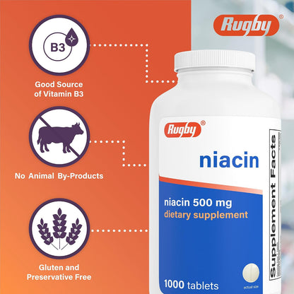 Rugby Niacin 500 mg – Vitamin B3 Supplement, 1000 Tablets
