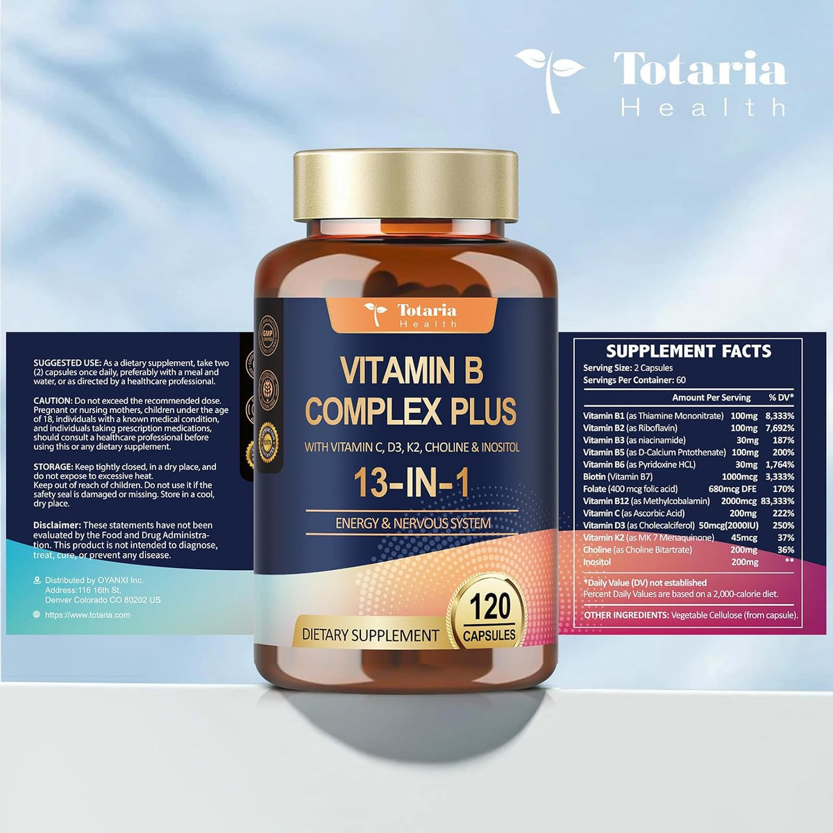 13-in-1 Vitamin B Complex Plus with B1, B2, B3, B4, B5, B6, B7, B8, B9, B12, C, D3, K2 - 120 Capsules (2-Pack) - görsel 8