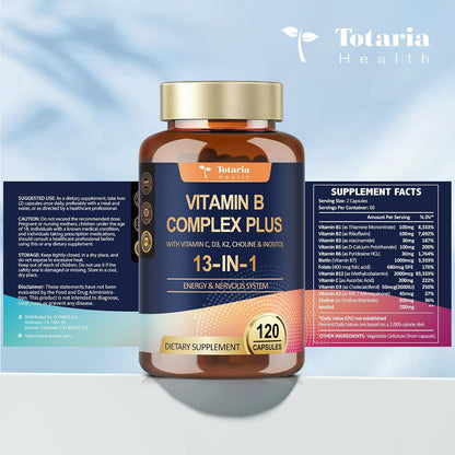13-in-1 Vitamin B Complex Plus with B1, B2, B3, B4, B5, B6, B7, B8, B9, B12, C, D3, K2 - 120 Capsules (2-Pack)
