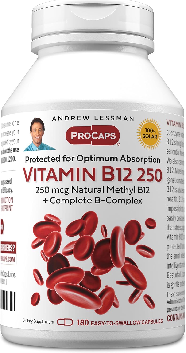 ANDREW LESSMAN Vitamin B12 250 180 Capsules – Absorption-Protected Methylcobalamin (Natural Coenzyme Vitamin B12), Essential for Energy and Nervous System Support, Plus B-Complex, Easy-to-Swallow Capsules - görsel 1