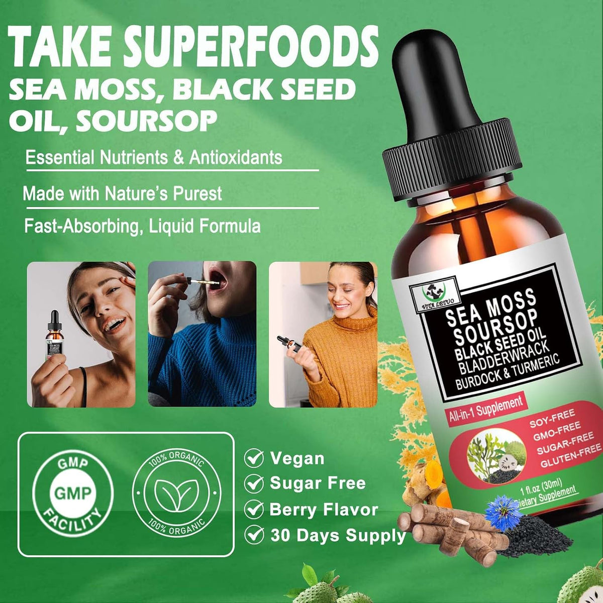Sea Moss Black Seed Oil Soursop Liquid Drops with Bladderwrack Burdock Root Turmeric – Multimineral and Vitamin Superfood Drops - görsel 4